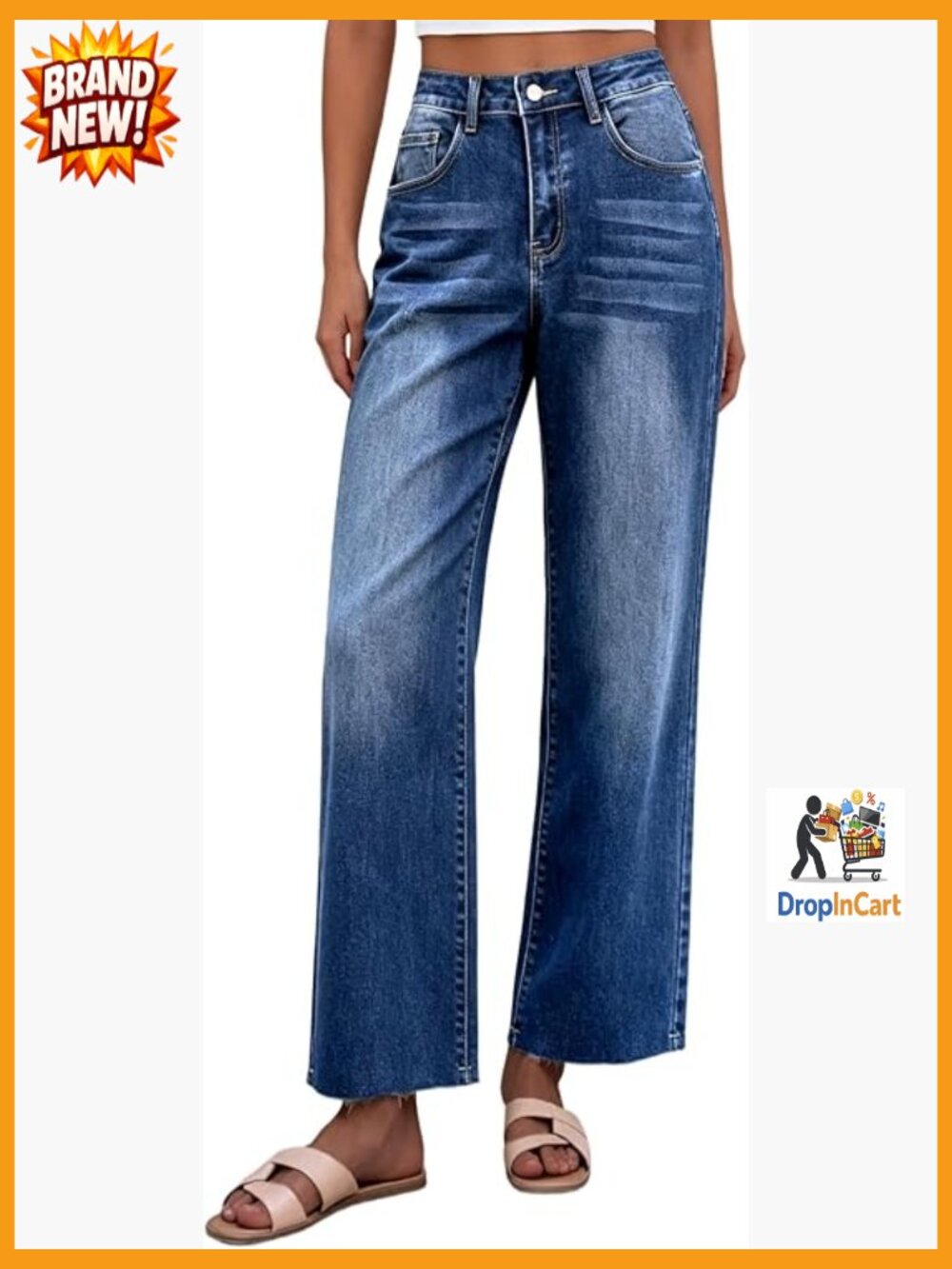 Straight Leg Jeans Mid Waisted Stretchy Pockets Frayed Raw Hem Trendy Wide Leg